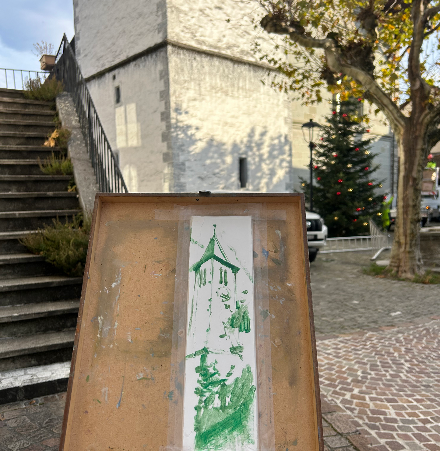 At Temple de Lutry, 1st day of Christmas tree and its shade. 12 November. 8x31cm